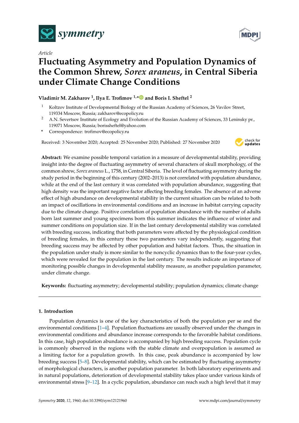 Fluctuating Asymmetry and Population Dynamics of the Common Shrew, Sorex Araneus, in Central Siberia Under Climate Change Conditions