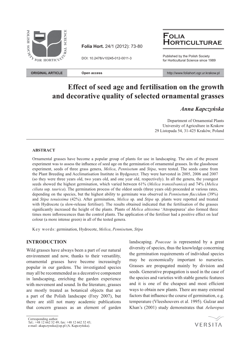 Effect of Seed Age and Fertilisation on the Growth and Decorative Quality of Selected Ornamental Grasses