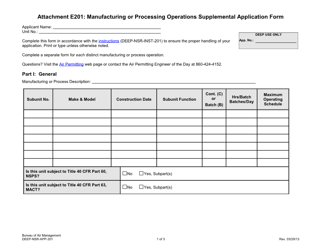 Supplemental Application Form Manufacturing Or Processing Operations