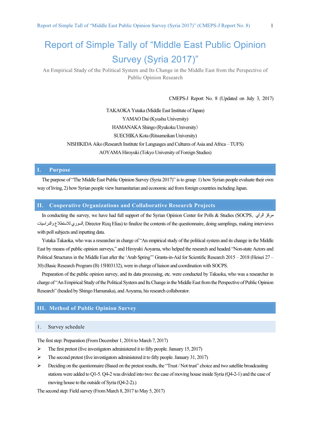 Middle East Public Opinion Survey (Syria 2017)” (CMEPS-J Report No