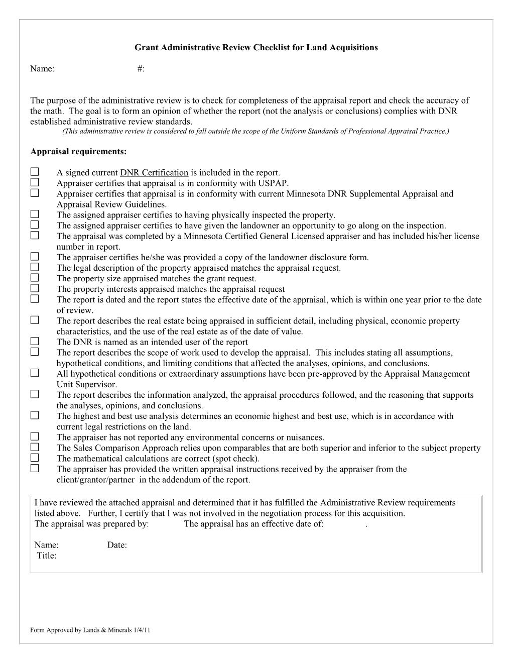 Grant Administrative Review Checklist for Land Acquisitions