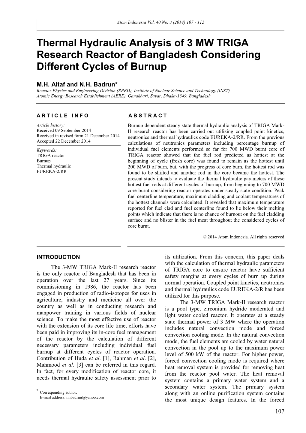 Thermal Hydraulic Analysis of 3 MW TRIGA Research Reactor of Bangladesh Considering Different Cycles of Burnup