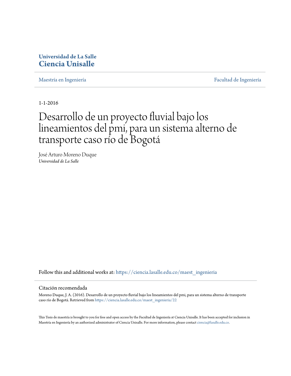 Desarrollo De Un Proyecto Fluvial Bajo Los Lineamientos Del Pmi, Para Un