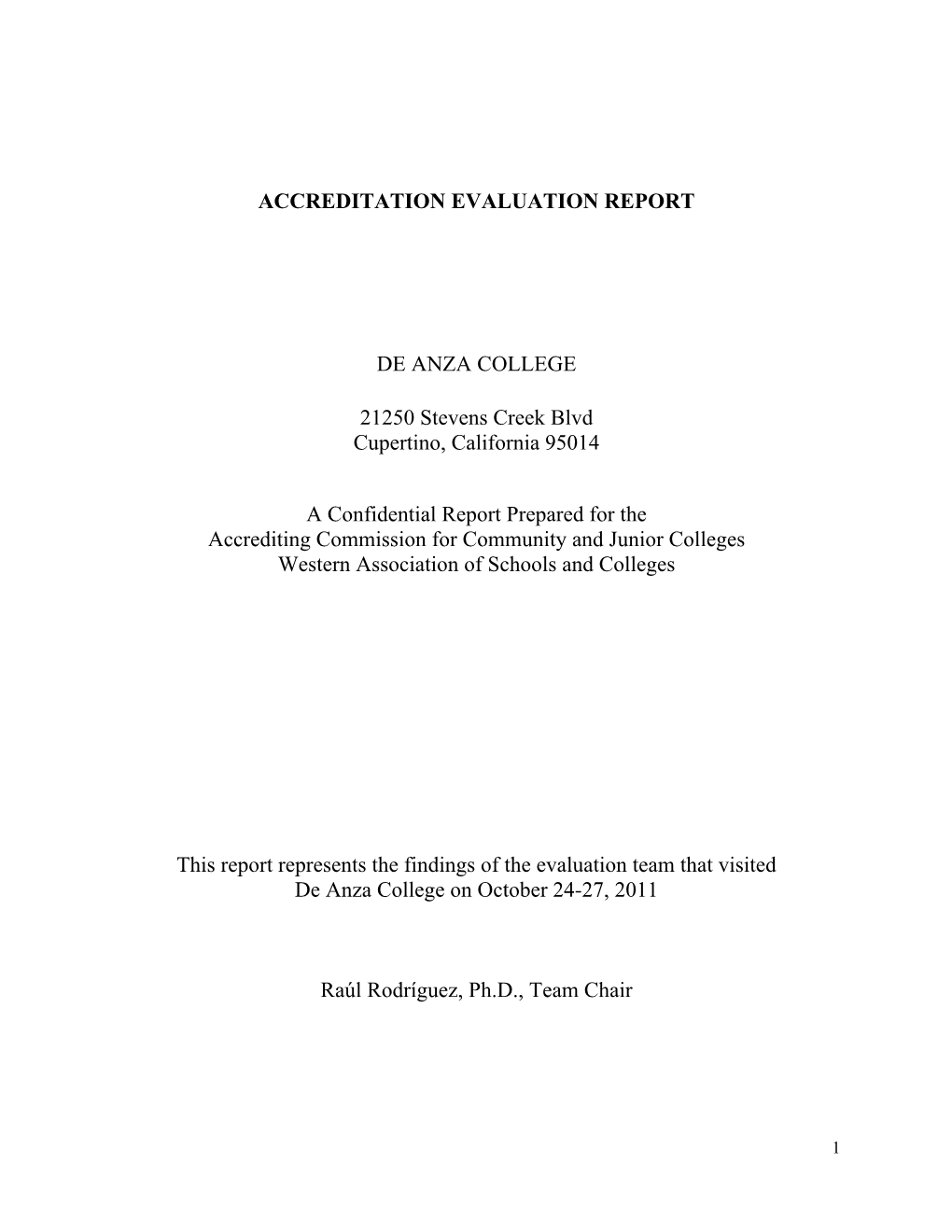 Accreditation Evaluation Report De Anza College