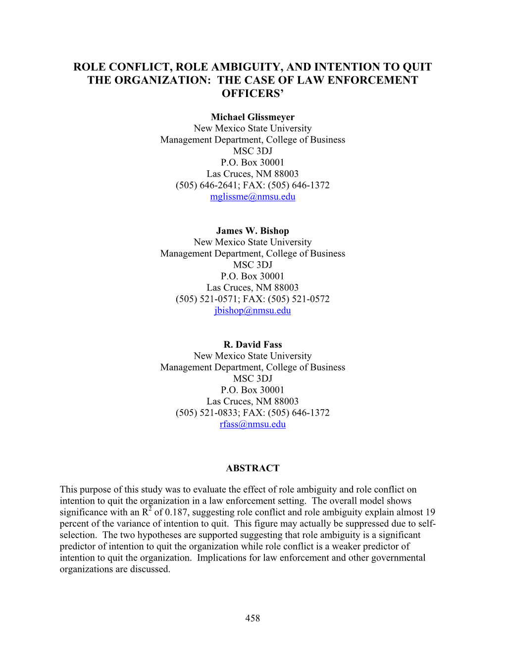 Role Conflict, Role Ambiguity, and Intention to Quit the Organization: the Case of Law Enforcement Officers’