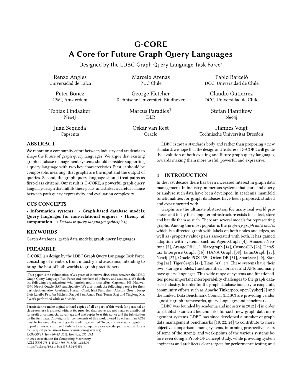G-CORE a Core for Future Graph Query Languages Designed by the LDBC Graph Query Language Task Force∗