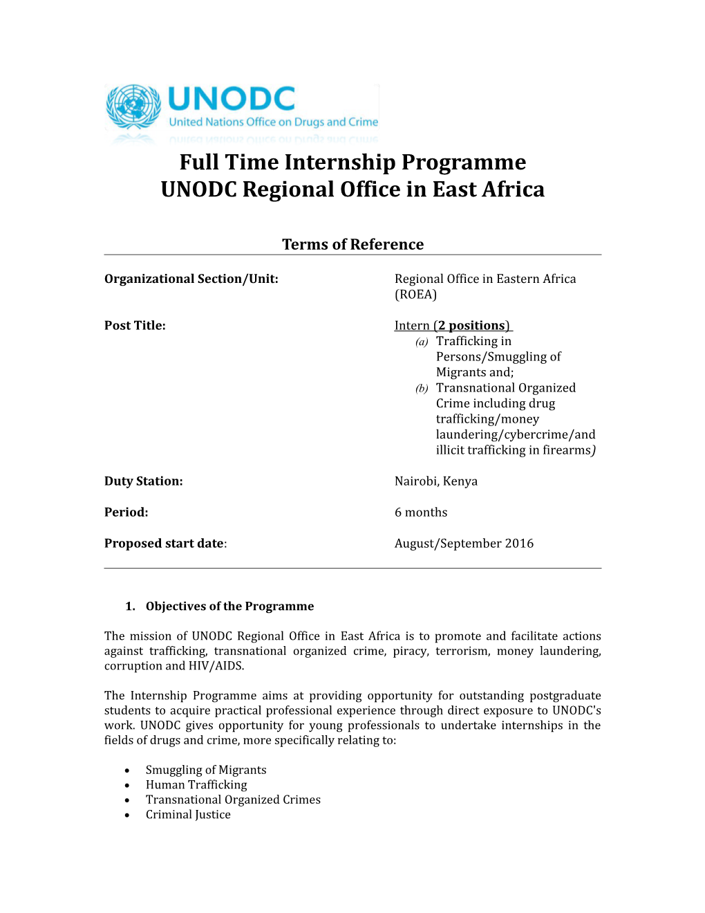 Full Time Internship Programme at the UNODC Regional Office in East Africa