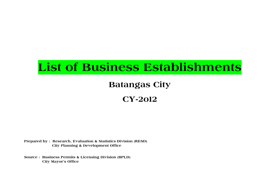 List of Business Establishments Batangas City CY-2O12