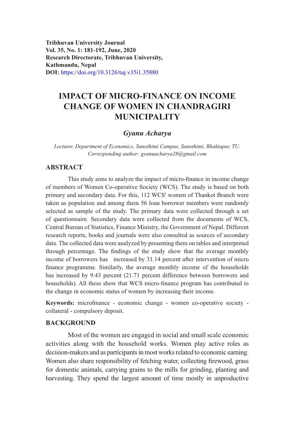 Impact of Micro-Finance on Income Change of Women in Chandragiri Municipality