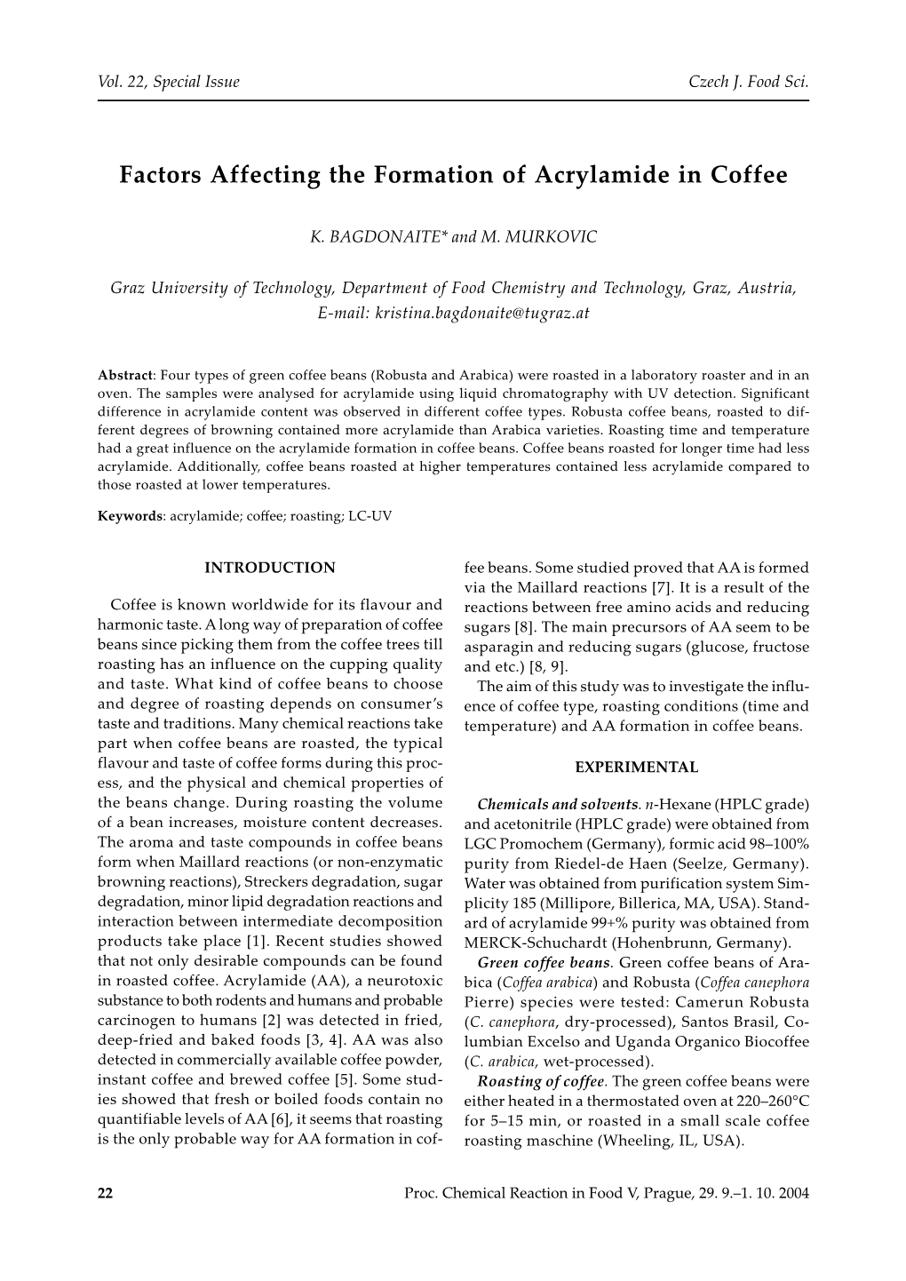 Factors Affecting the Formation of Acrylamide in Coffee