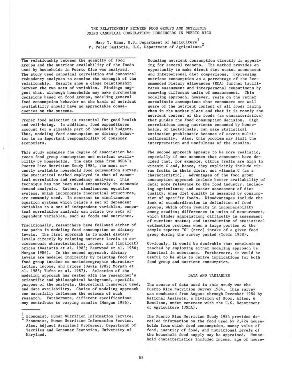 THE RELATIONSHIP BETWEEN FOOD GROUPS and NUTRIENTS USING CANONICAL CORRELATION: HOUSEHOLDS in PUERTO RICO L Mary Y