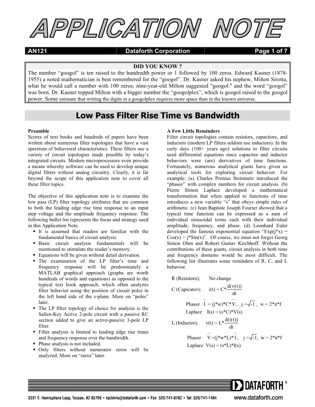 Low Pass Filter Rise Time Vs Bandwidth