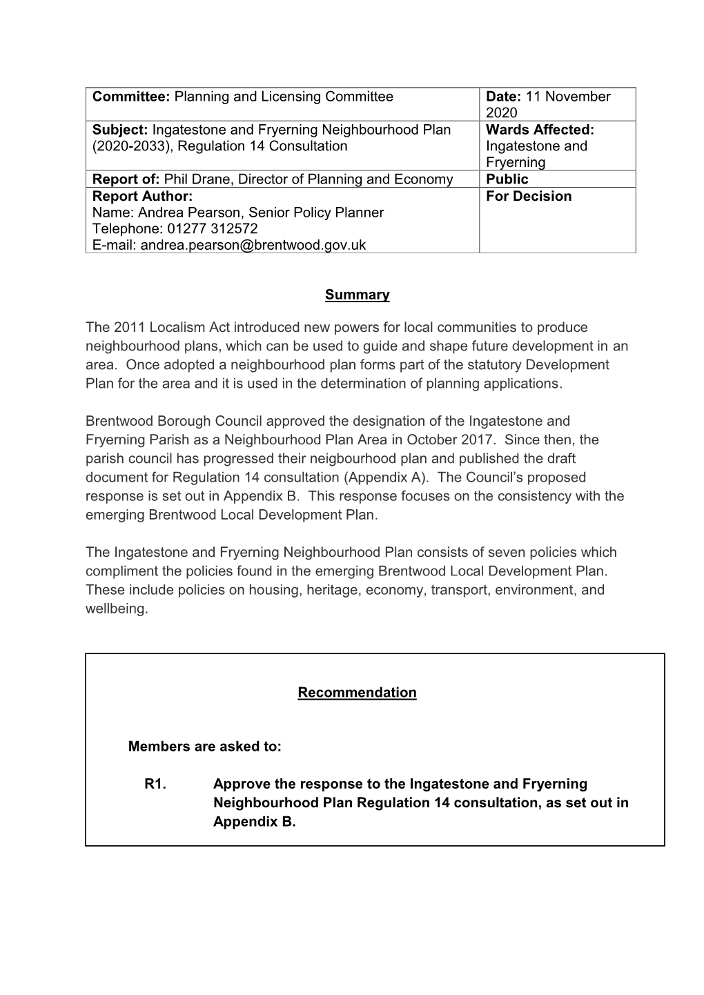 Response to the Ingatestone Neighbourhood Plan (Regulation