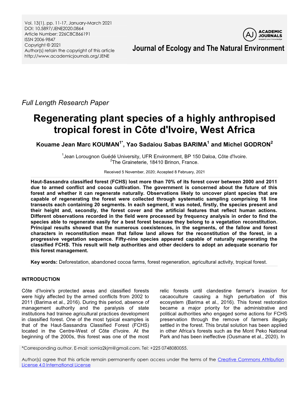 Regenerating Plant Species of a Highly Anthropised Tropical Forest in Côte D'ivoire, West Africa