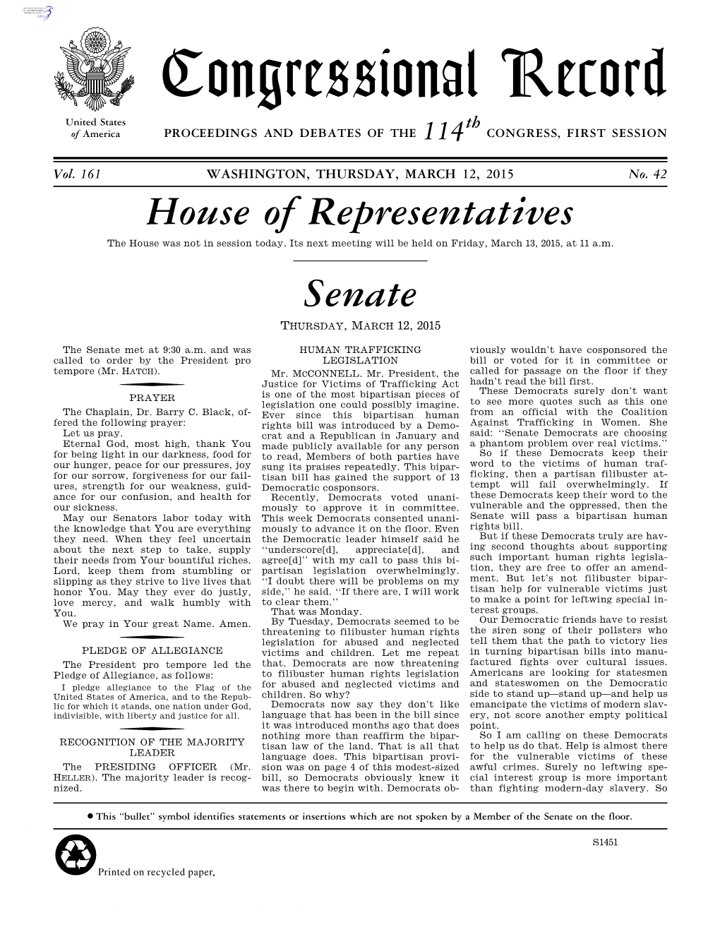 Congressional Record United States Th of America PROCEEDINGS and DEBATES of the 114 CONGRESS, FIRST SESSION