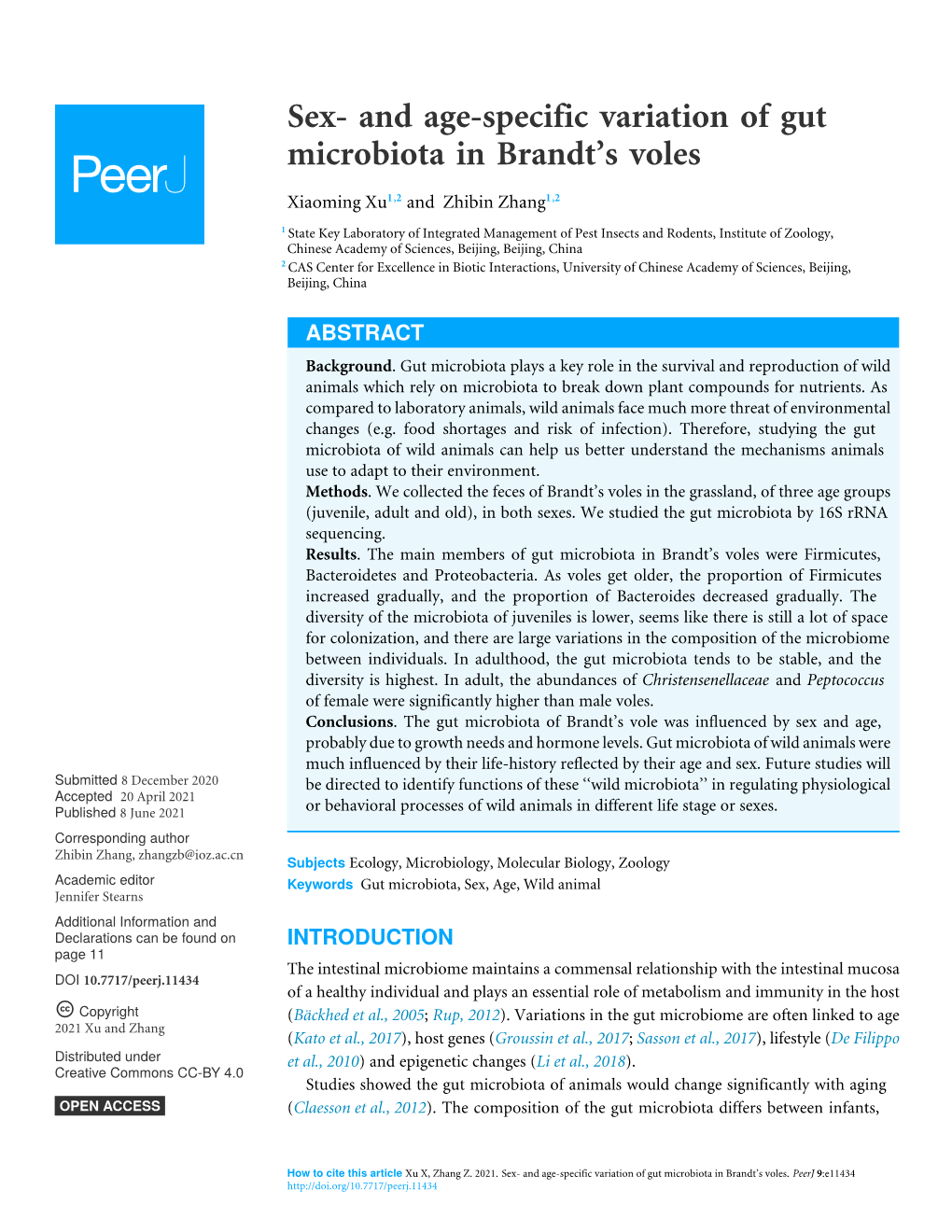 Sex- and Age-Specific Variation of Gut Microbiota in Brandt's Voles