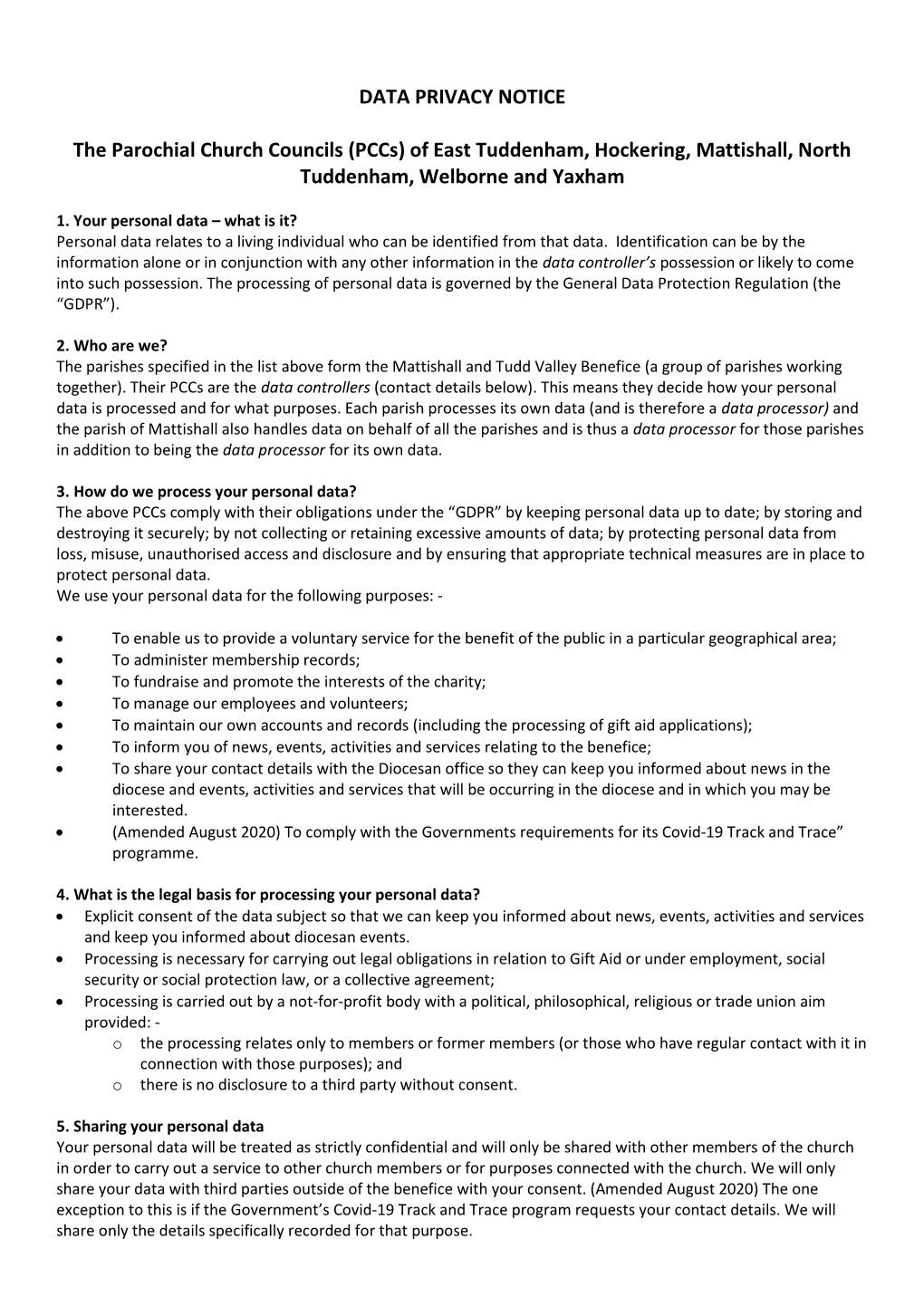 DATA PRIVACY NOTICE the Parochial Church Councils (Pccs) of East Tuddenham, Hockering, Mattishall, North Tuddenham, Welborne