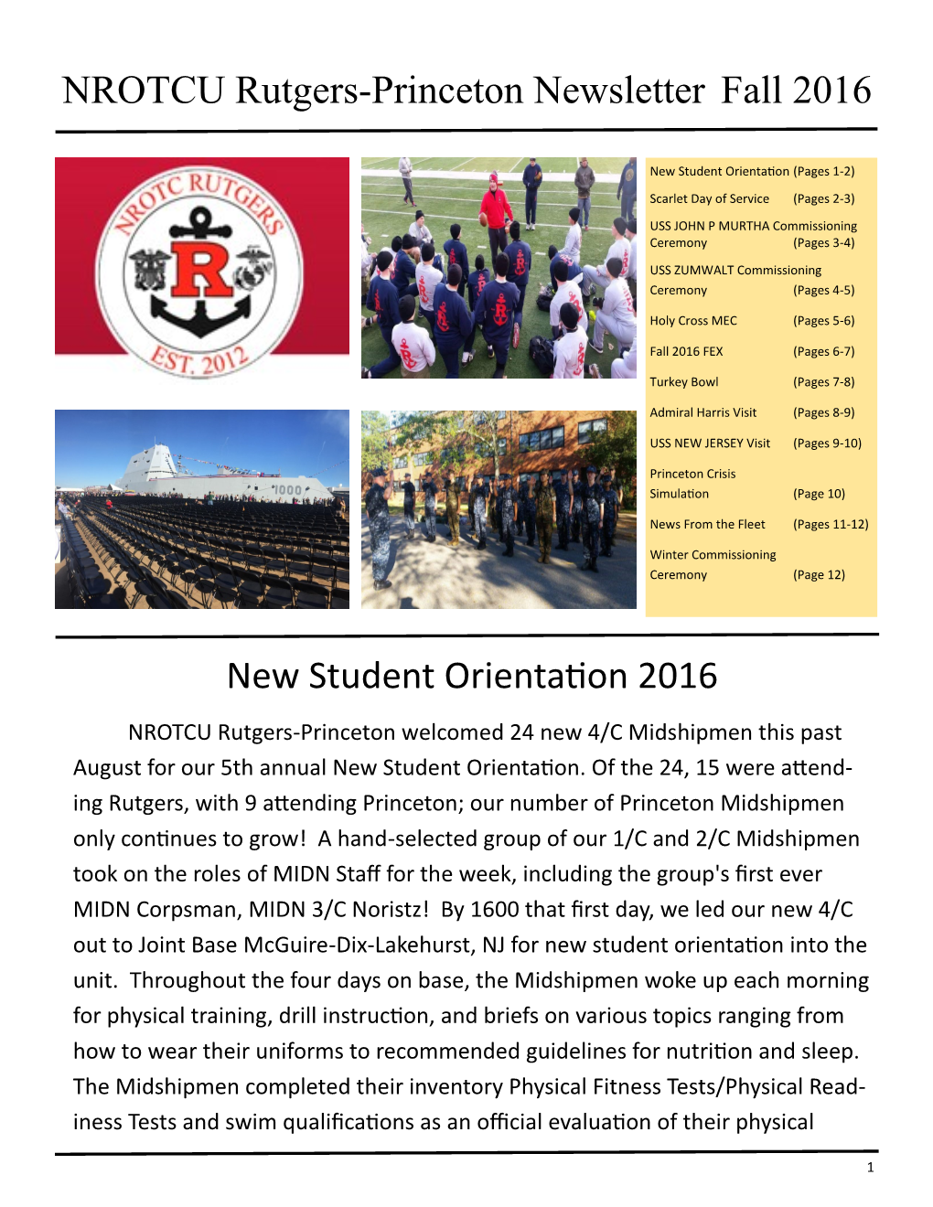 NROTCU Rutgers-Princeton Newsletter Fall 2016 New Student Orientation 2016