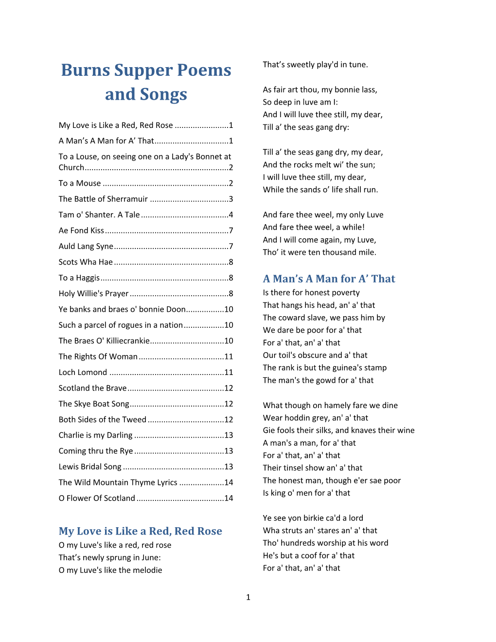 Burns Supper Songs and Poems