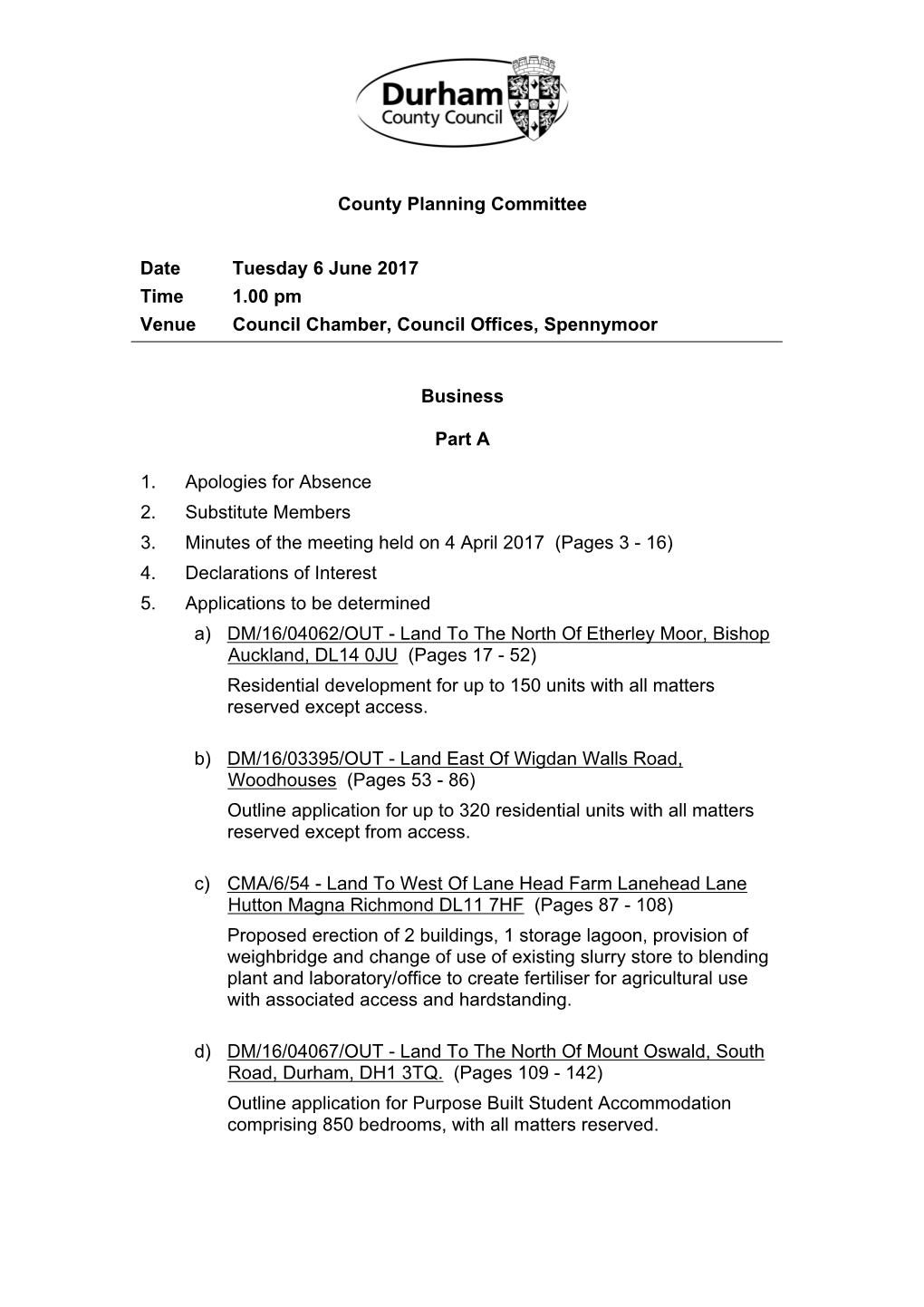 (Public Pack)Agenda Document for County Planning Committee, 06/06/2017 13:00