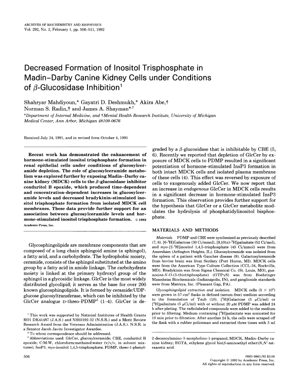 Decreased Formation of Lnositol Trisphosphate in Madin-Darby Canine Kidney Cells Under Conditions of ,&Glucosidase Inhibition’