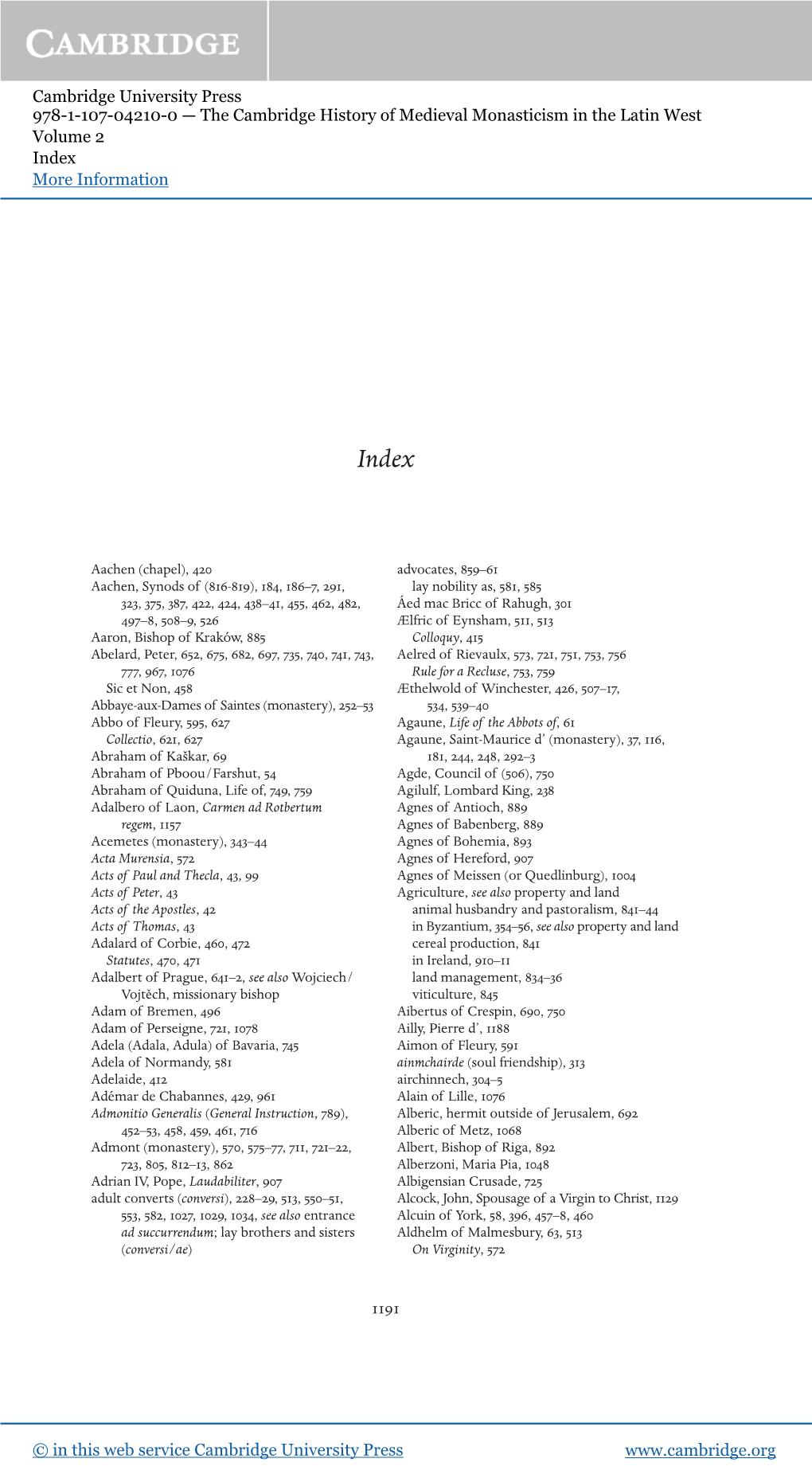 Cambridge University Press 978-1-107-04210-0 — the Cambridge History of Medieval Monasticism in the Latin West Volume 2 Index More Information