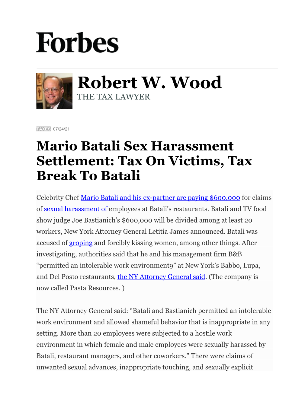 Mario Batali Sex Harassment Settlement: Tax on Victims, Tax Break to Batali