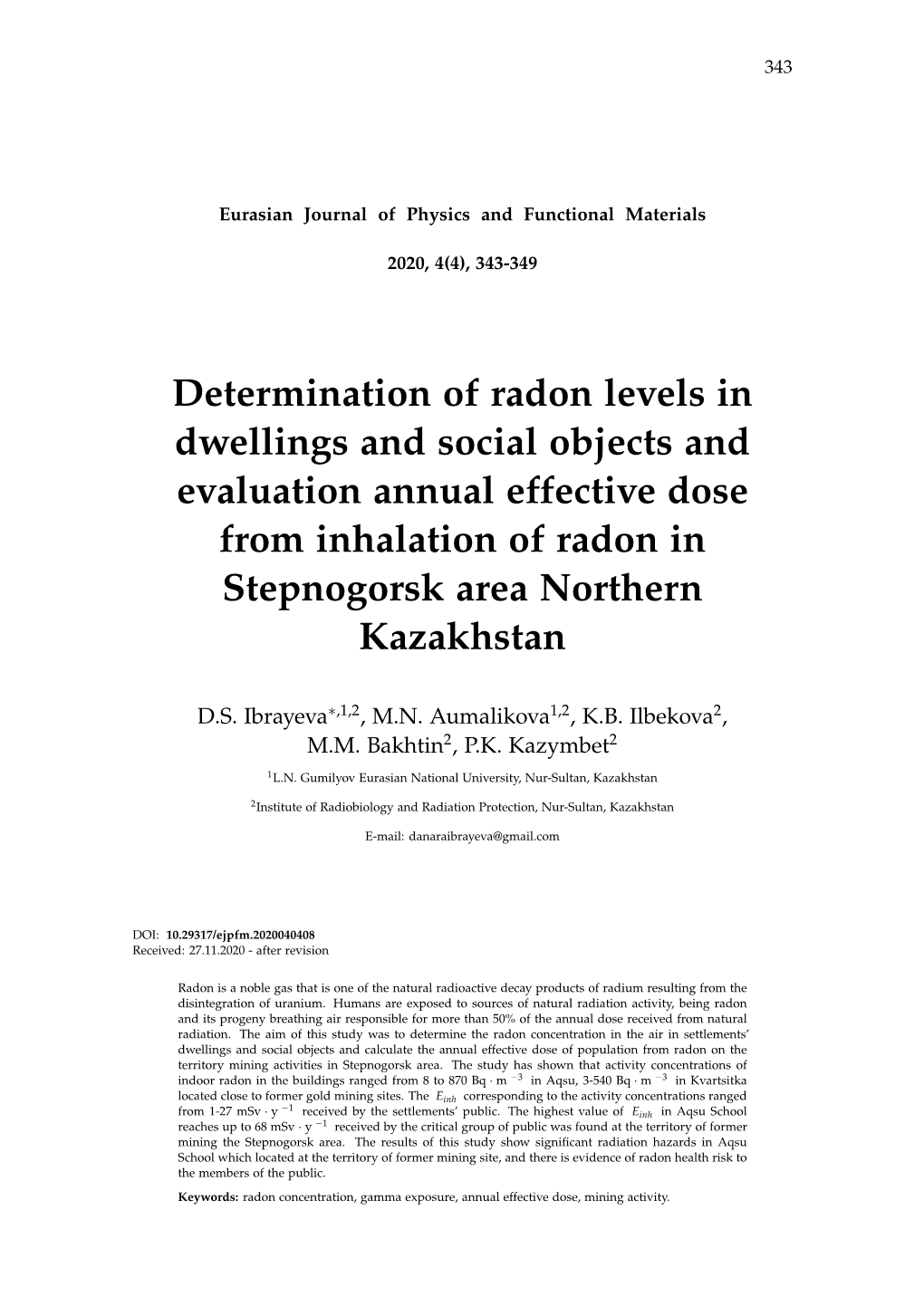 Determination of Radon Levels in Dwellings and Social Objects and Evaluation Annual Effective Dose from Inhalation of Radon in Stepnogorsk Area Northern Kazakhstan