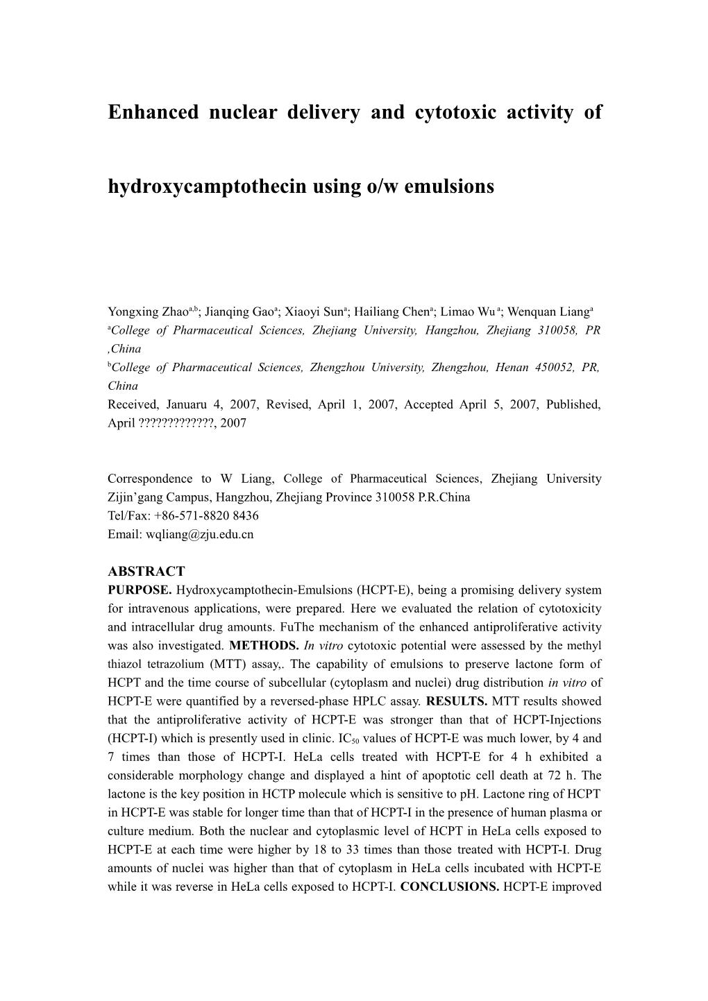 Enhanced Nuclear Delivery and Cytotoxic Activity of Hydroxycamptothecin Using O/W Emulsions