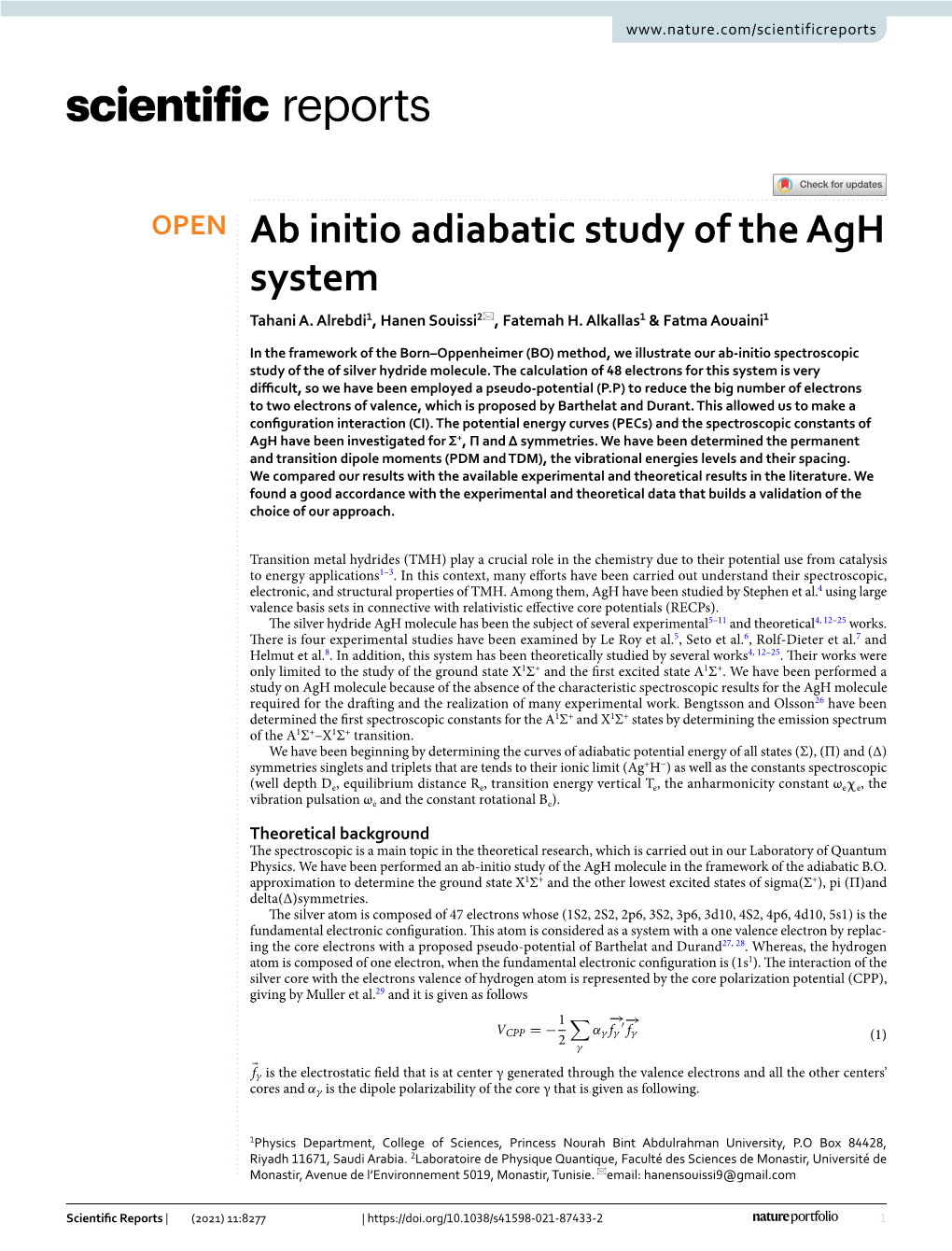 Ab Initio Adiabatic Study of the Agh System Tahani A