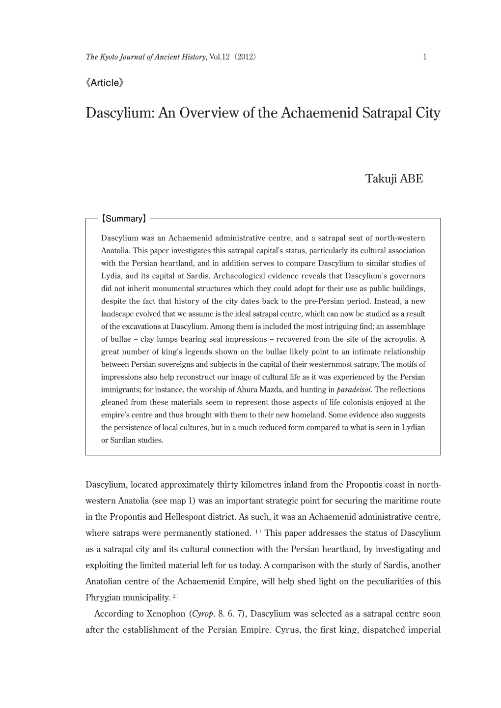 Dascylium: an Overview of the Achaemenid Satrapal City