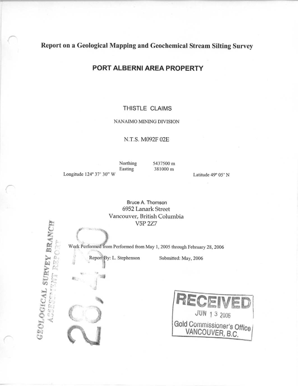 Report on a Geological Mapping and Geochemical Stream Silting Survey