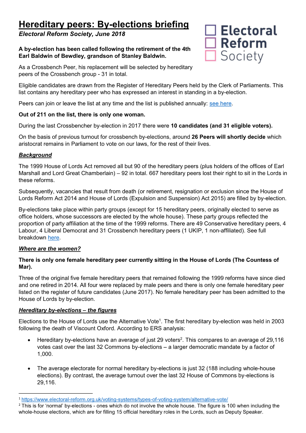 Hereditary Peers: By-Elections Briefing Electoral Reform Society, June 2018