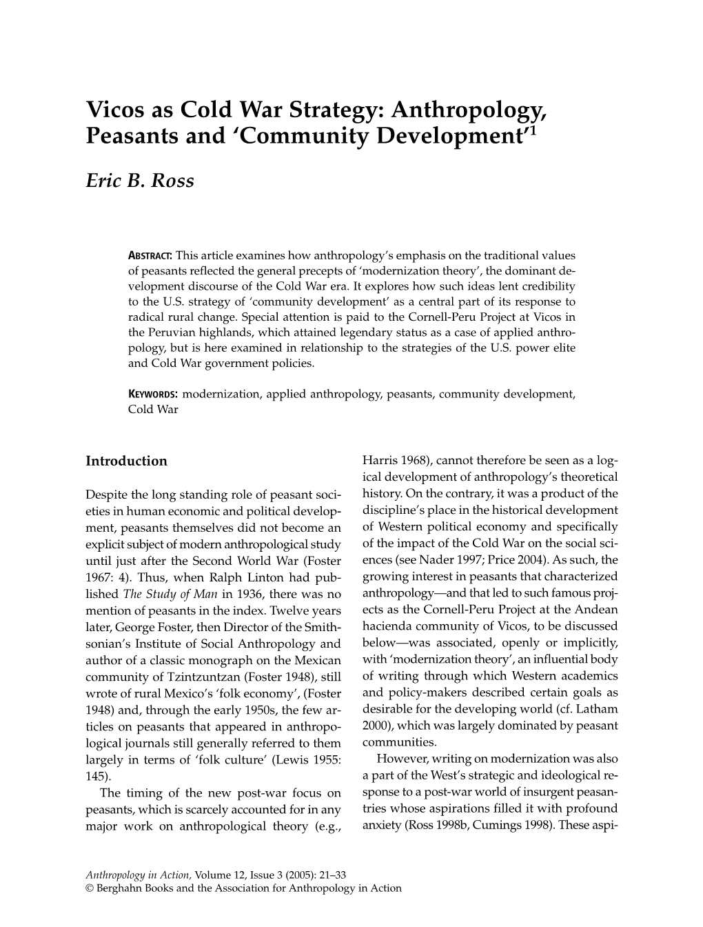 Vicos As Cold War Strategy: Anthropology, Peasants and ‘Community Development’1