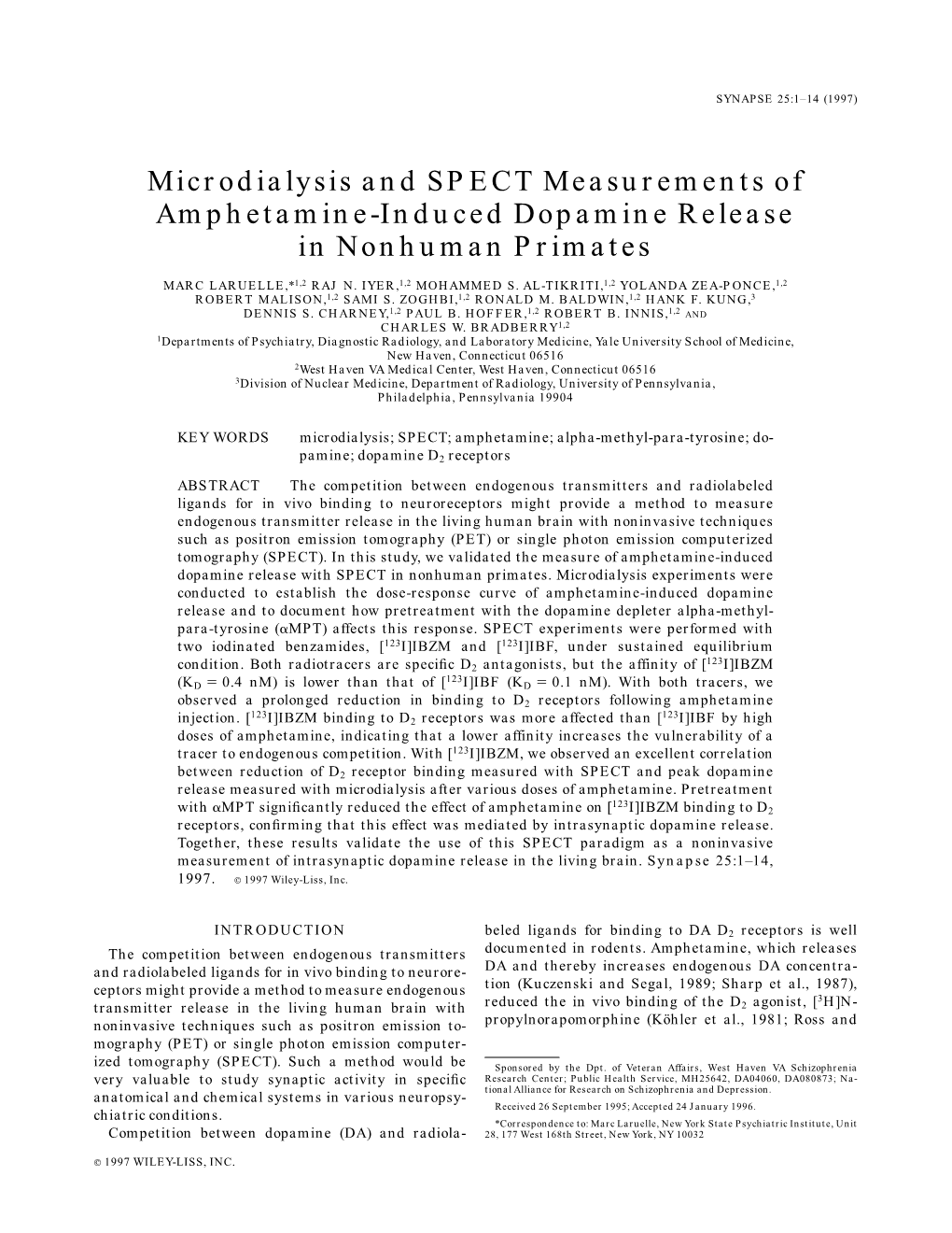 Microdialysis and SPECT Measurements of Amphetamine-Induced Dopamine Release in Nonhuman Primates