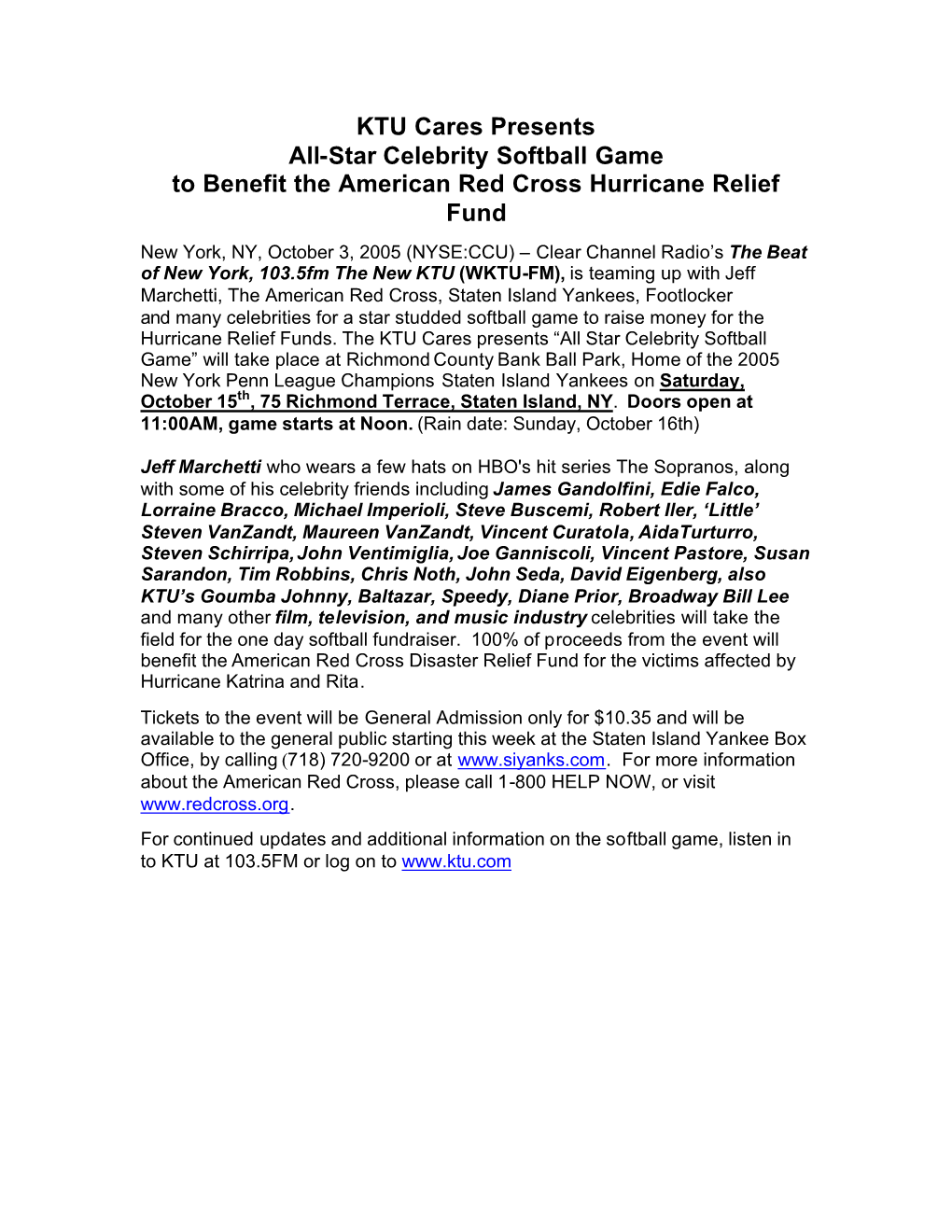 KTU Cares Presents All-Star Celebrity Softball Game to Benefit the American Red Cross Hurricane Relief Fund