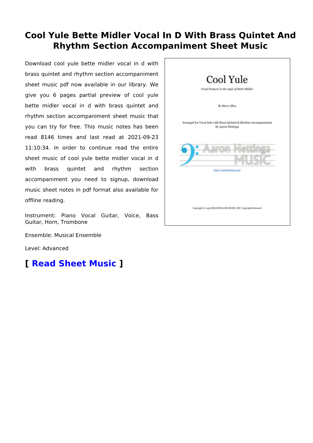 Cool Yule Bette Midler Vocal in D with Brass Quintet and Rhythm Section Accompaniment Sheet Music