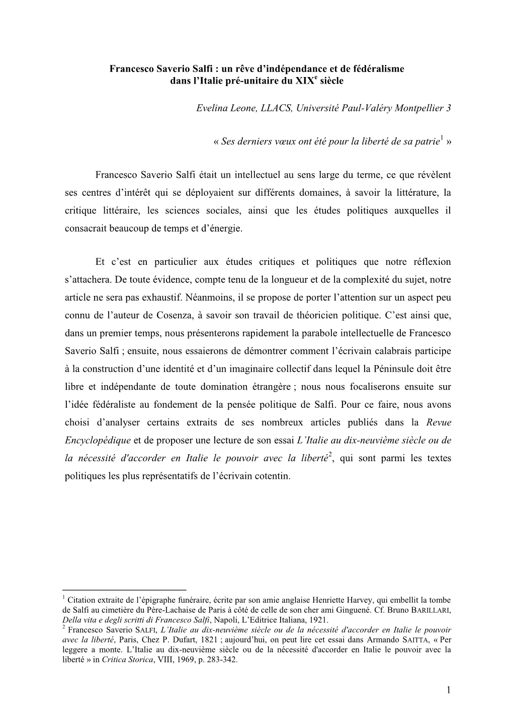 1 Francesco Saverio Salfi : Un Rêve D'indépendance Et De Fédéralisme