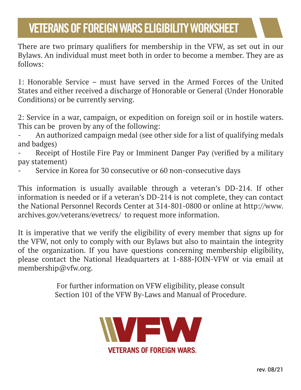 Veterans of Foreign Wars Eligibility Worksheet