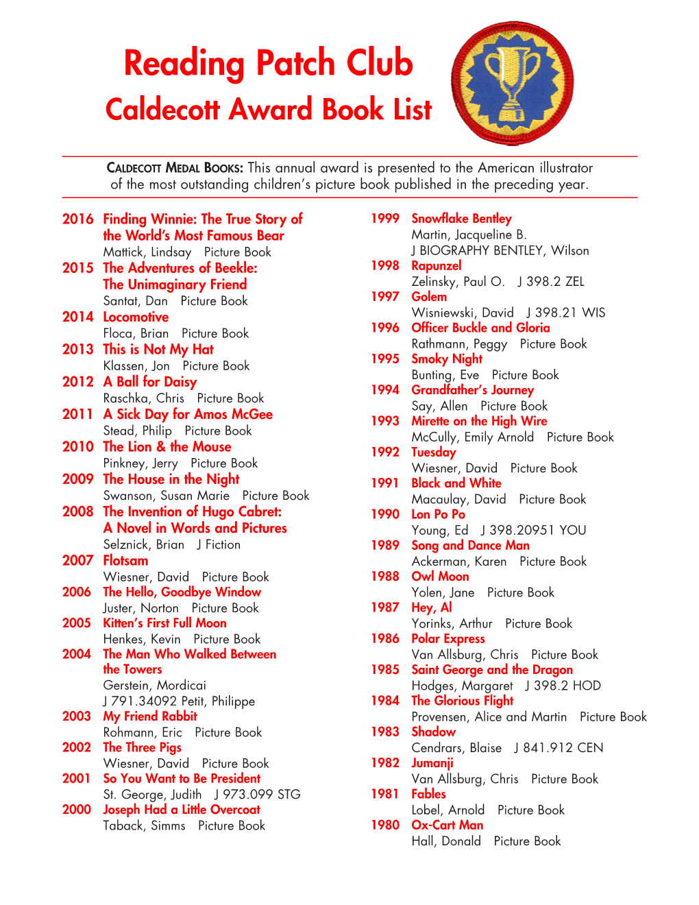 Reading Patch Club Caldecott Award Book List