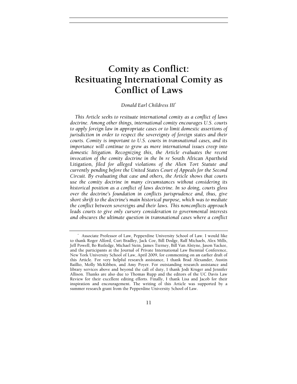 Comity As Conflict: Resituating International Comity As Conflict of Laws