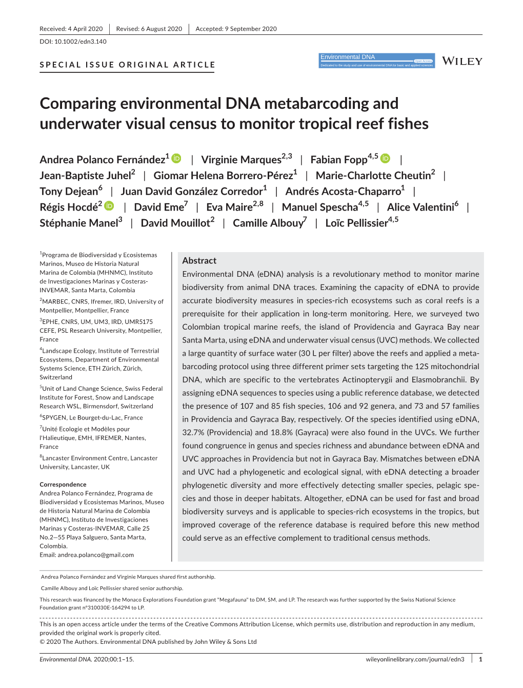 Comparing Environmental DNA Metabarcoding and Underwater Visual Census to Monitor Tropical Reef Fishes