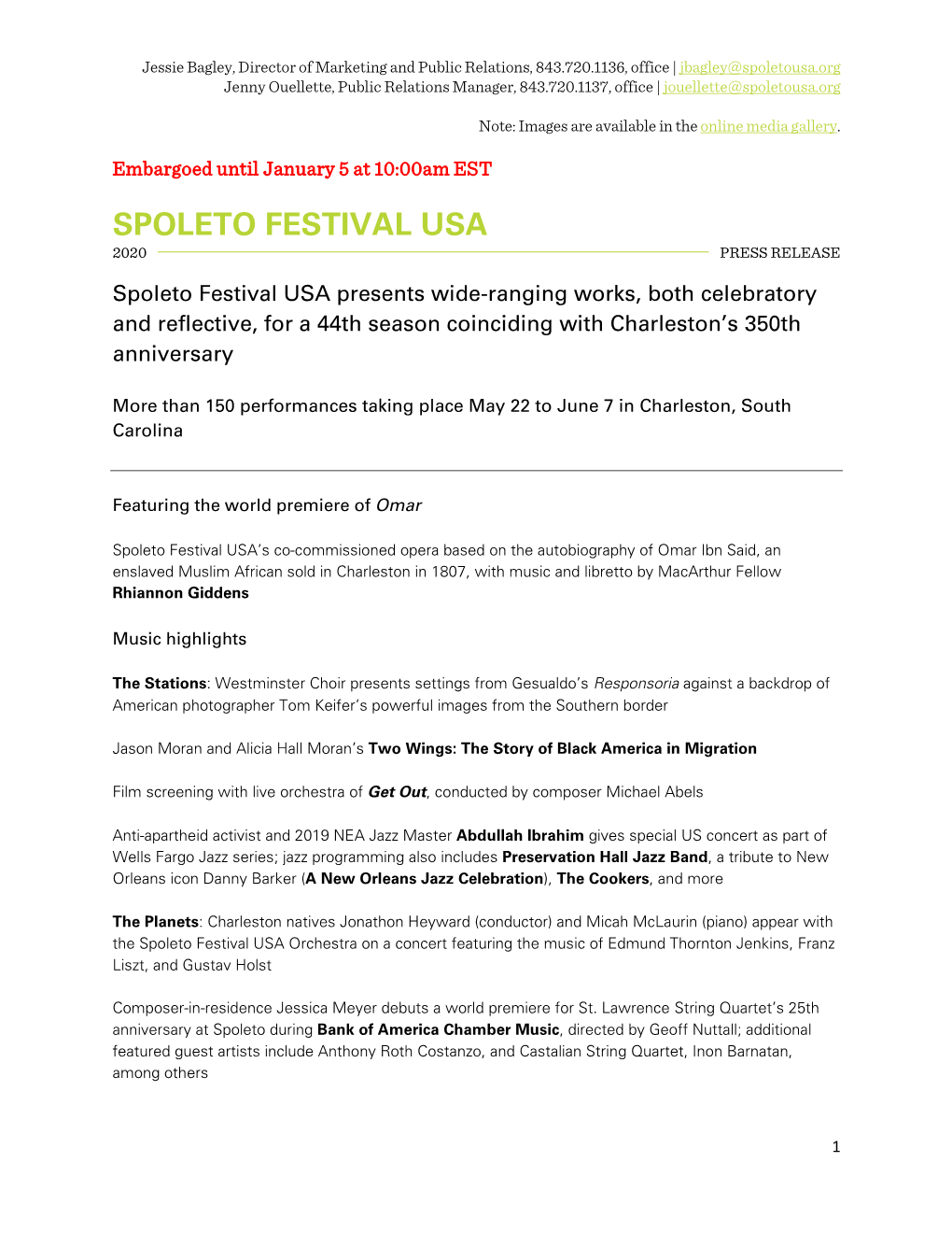 Spoleto Festival Usa 2020 Press Release