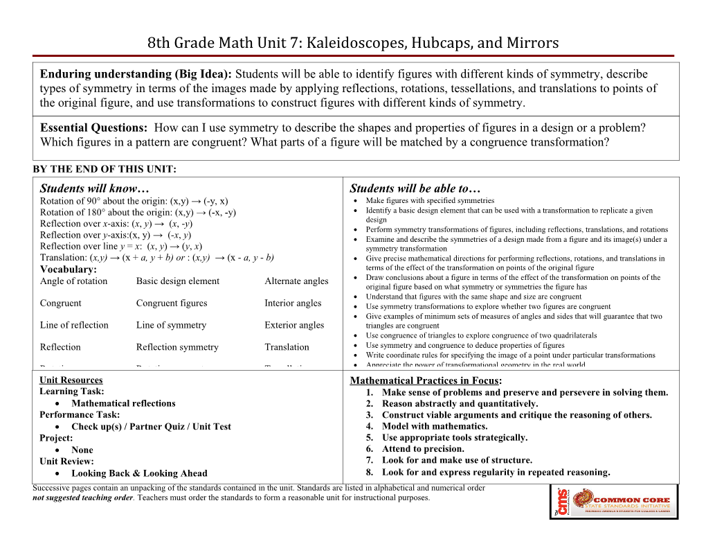 8Th Grade Math Unit 6: Kaleidoscopes, Hubcaps, and Mirrors