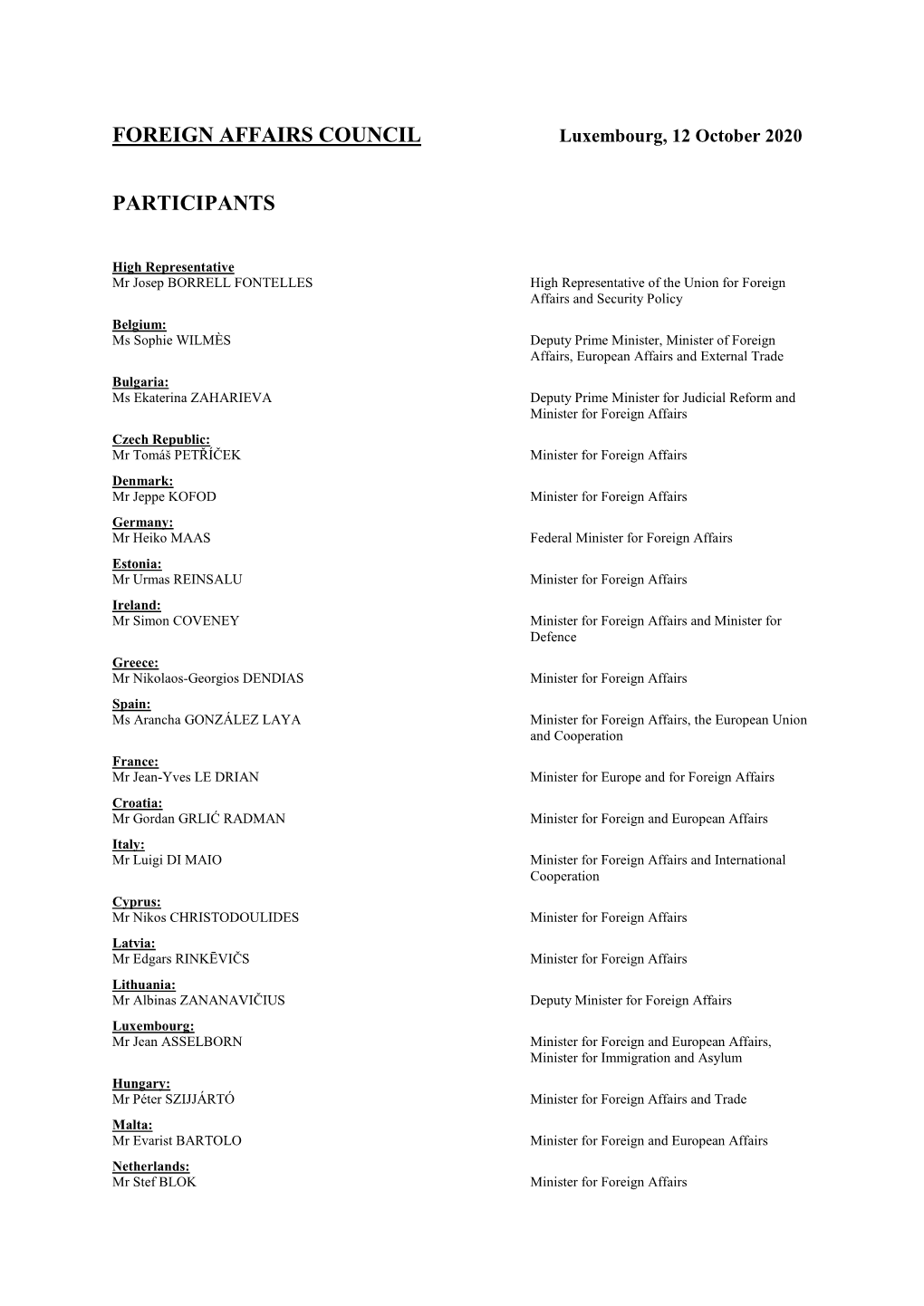 Foreign Affairs Council Participants