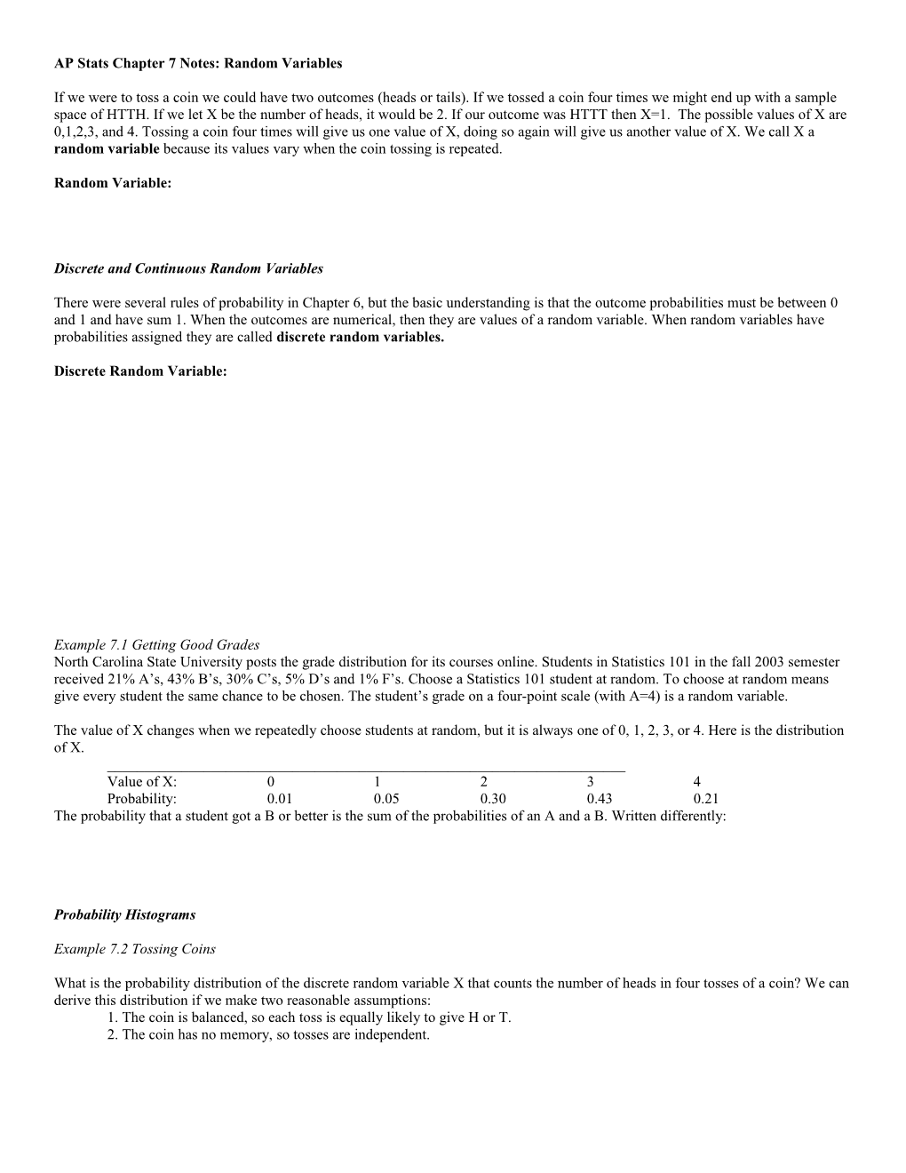 AP Stats Chapter 7 Notes: Random Variables