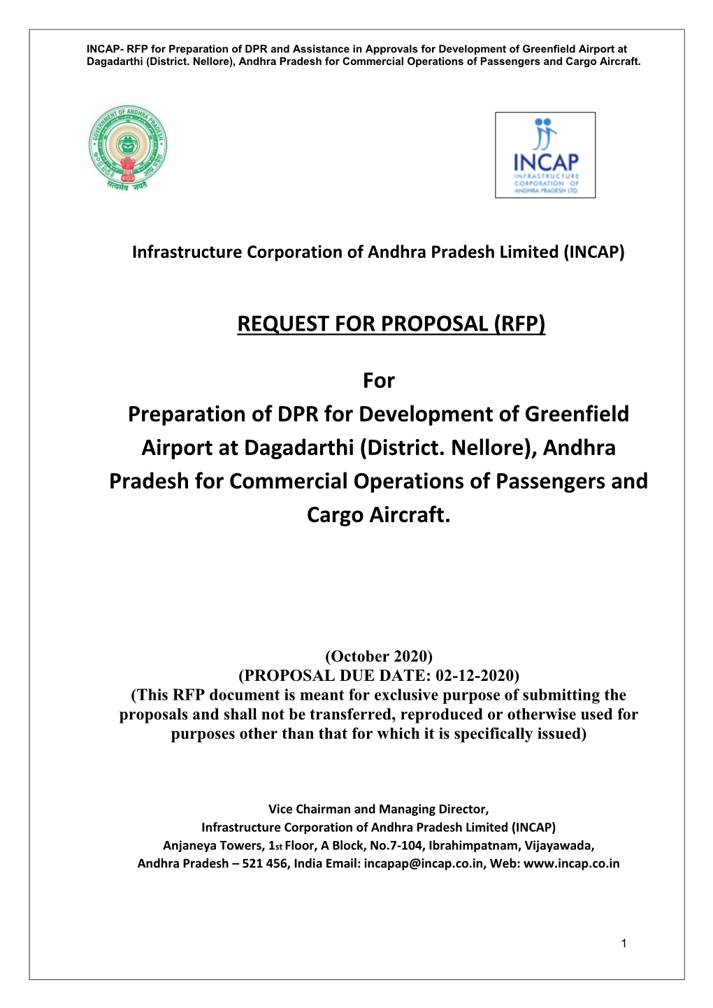 (RFP) for Preparation of DPR for Development of Greenfield Airport