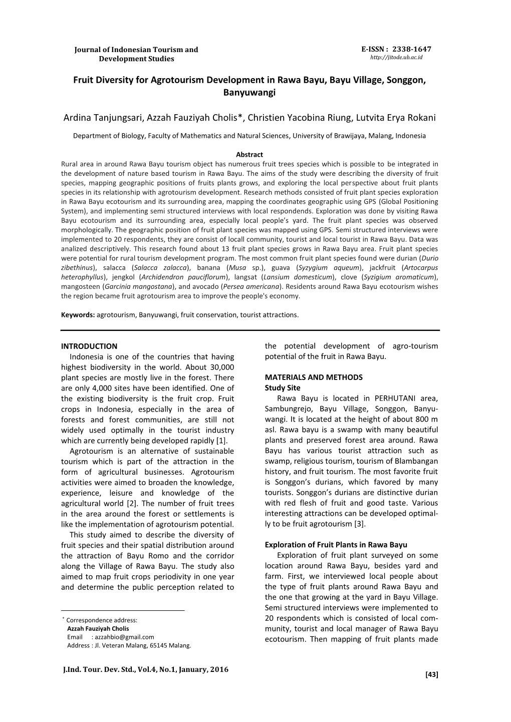 Fruit Diversity for Agrotourism Development in Rawa Bayu, Bayu Village, Songgon, Banyuwangi