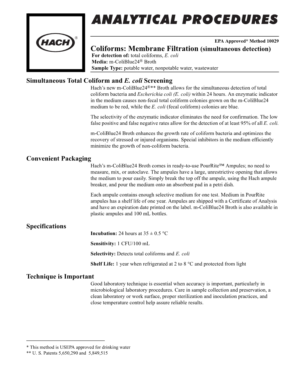 Membrane Filtration (Simultaneous Detection) for Detection Of: Total Coliforms, E