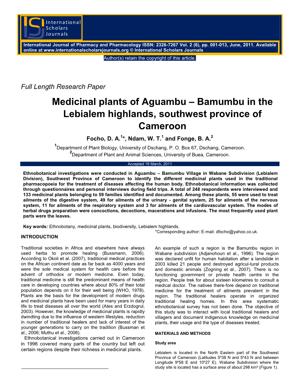 Medicinal Plants of Aguambu – Bamumbu in the Lebialem Highlands, Southwest Province Of
